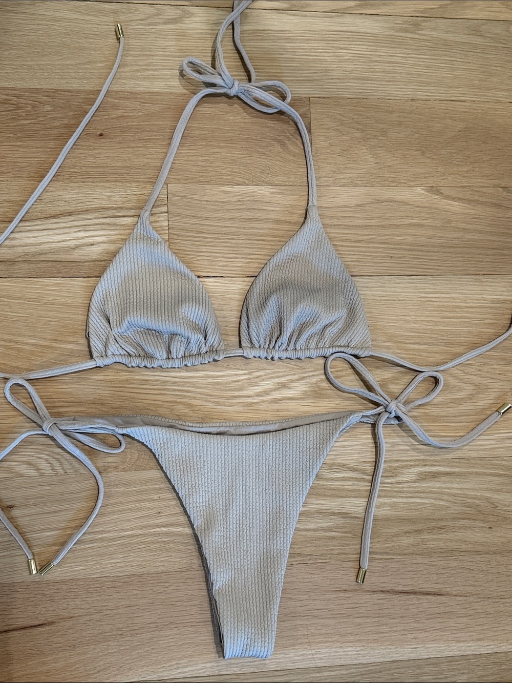 Monday swimwear oat crinkle Palma Ribbed Tie-Side Triangle Bikini Set